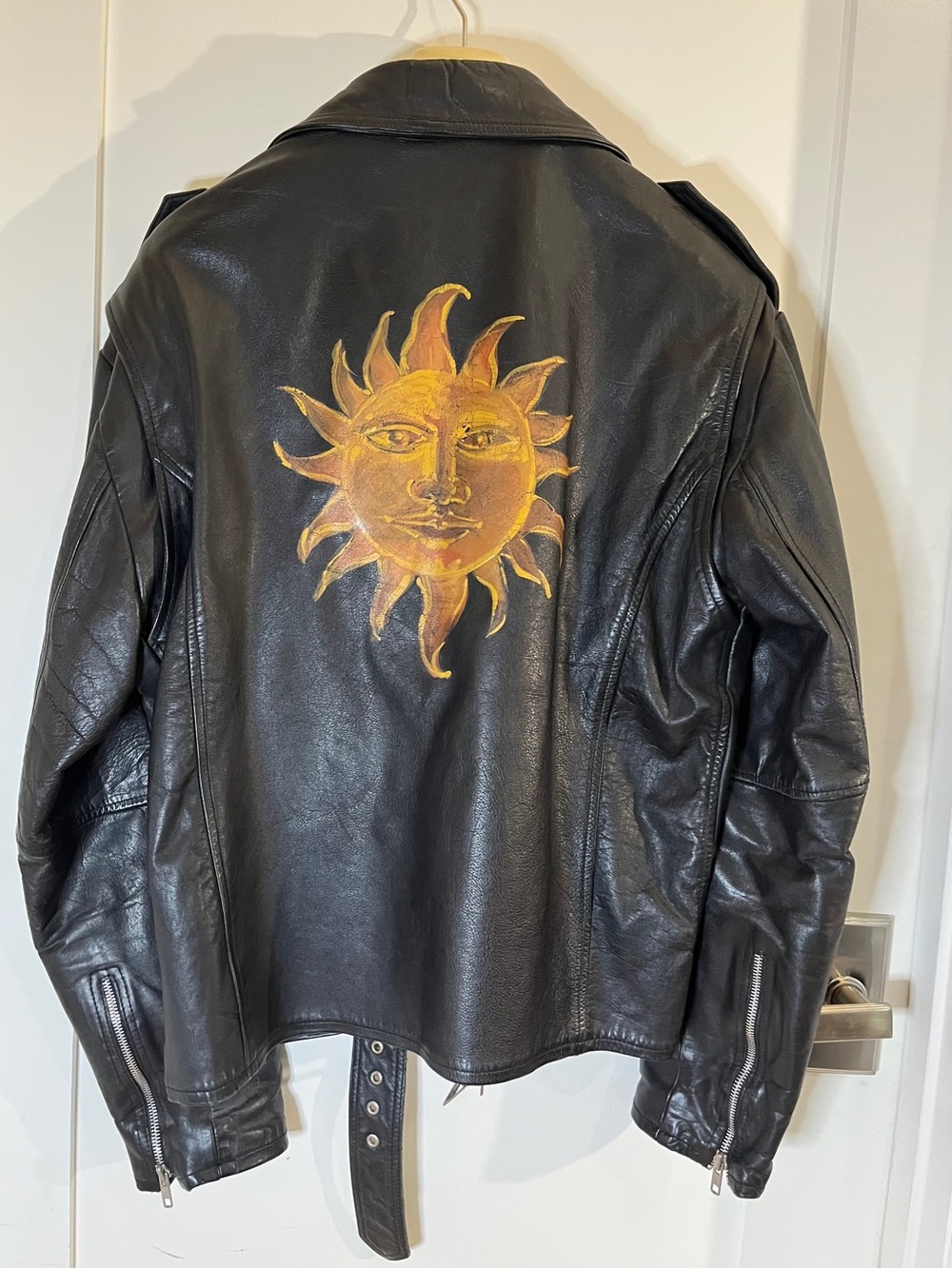 Vintage Black Leather Moto Jacket with Hand-Painted Sun Back Graphic. Size Med